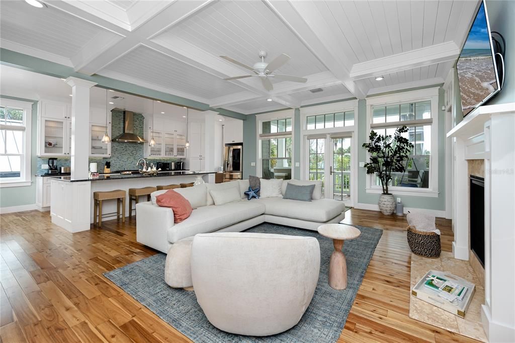 Fireplace, Interior, Kitchen, Living room, Pendant Lights, Recessed Lighting, Wood Texture Flooring