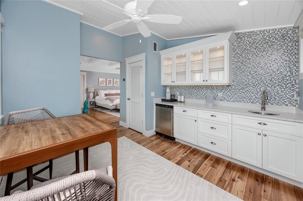 Bedroom, Interior, Kitchen, Recessed Lighting, Stainless Steel Appliances, Wood Texture Flooring