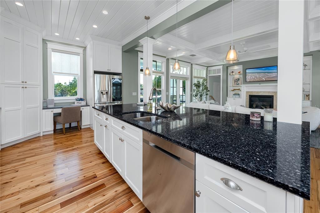 Fireplace, Interior, Kitchen, Pendant Lights, Recessed Lighting, Stainless Steel Appliances, Wood Texture Flooring