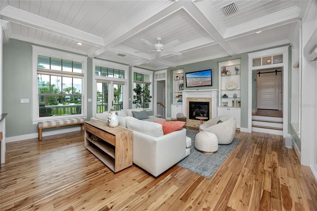 Fireplace, Interior, Living room, Recessed Lighting, Wood Texture Flooring
