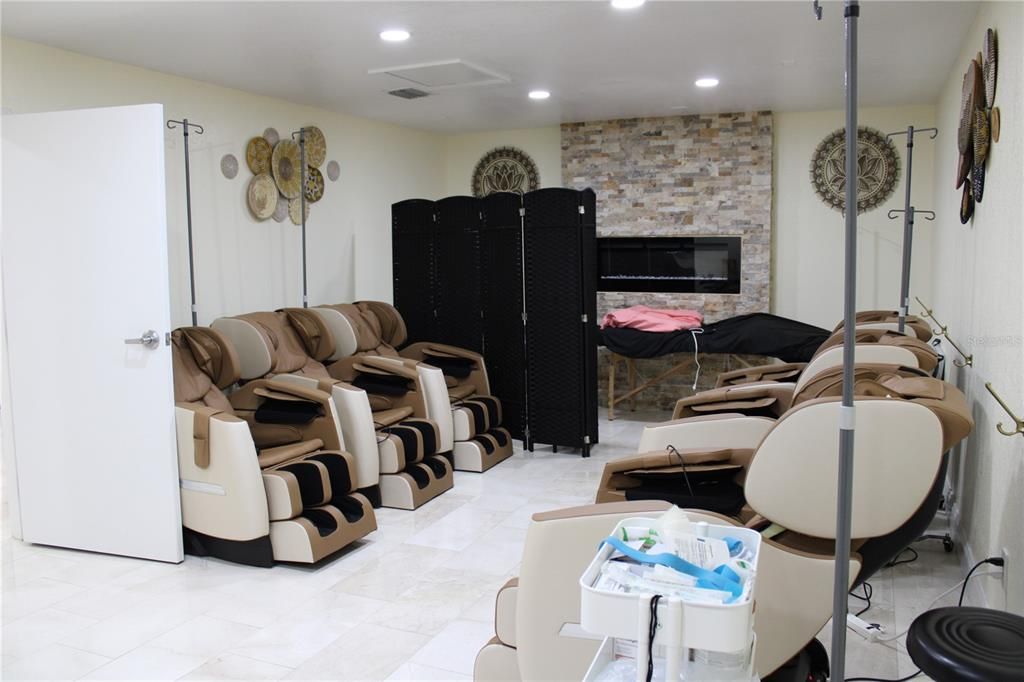 Home Theatre Room, Fireplace, Interior, Recessed Lighting, Stone Walls