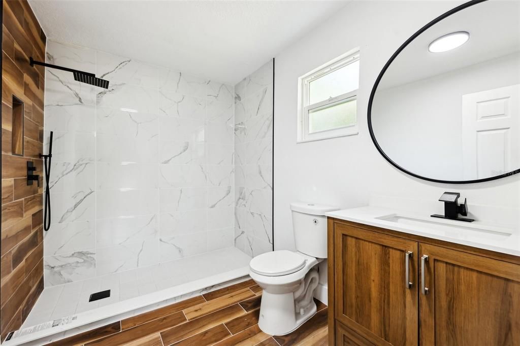 Bathroom, Interior, Marble Walls, Recessed Lighting, Wood Texture Flooring