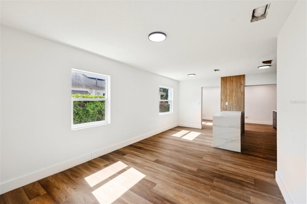 Empty room, Interior, Recessed Lighting, Wood Texture Flooring