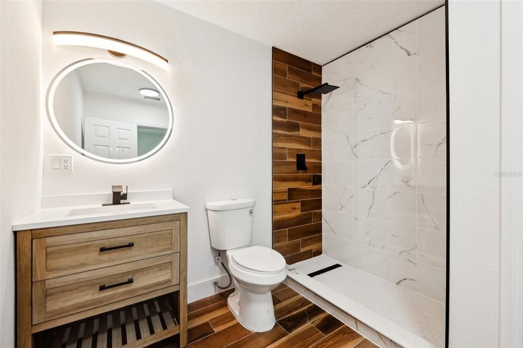 Bathroom, Interior, Marble Walls, Wood Texture Flooring, Wooden Walls