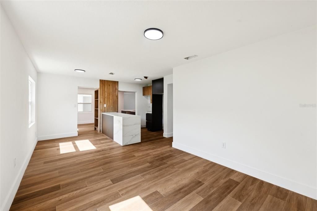 Empty room, Interior, Kitchen, Recessed Lighting, Wood Texture Flooring