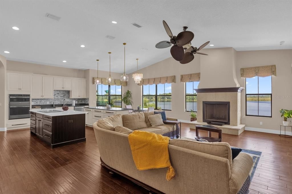 Fireplace, Interior, Kitchen, Living room, Pendant Lights, Recessed Lighting, Wood Texture Flooring