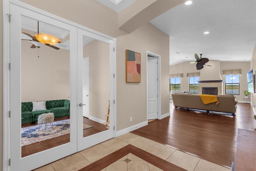 Fireplace, Interior, Living room, Recessed Lighting, Wood Texture Flooring