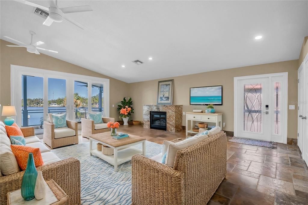 Fireplace, Interior, Living room, Recessed Lighting, Water