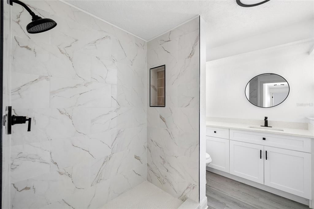 Bathroom, Interior, Marble Walls, Wood Texture Flooring
