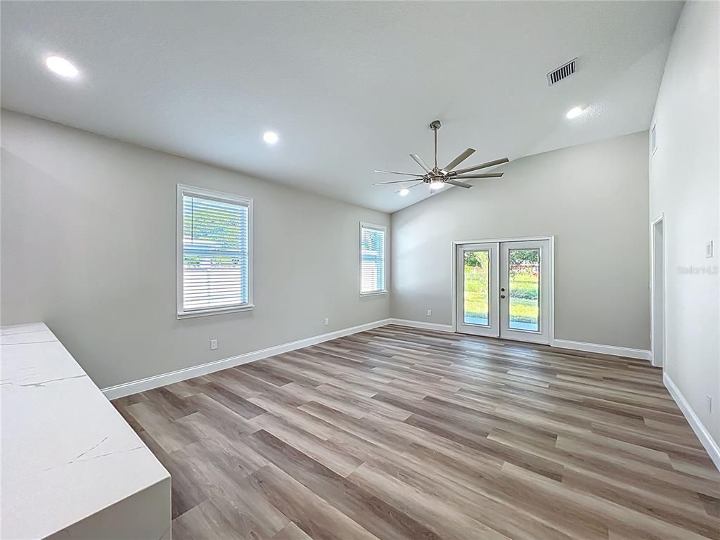 Empty room, Interior, Pendant Lights, Recessed Lighting, Wood Texture Flooring
