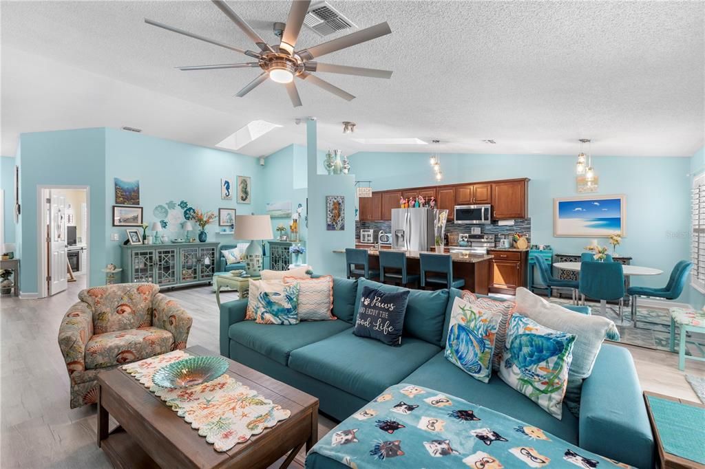 Dining room, Interior, Kitchen, Living room, Pendant Lights, Stainless Steel Appliances, Wood Texture Flooring