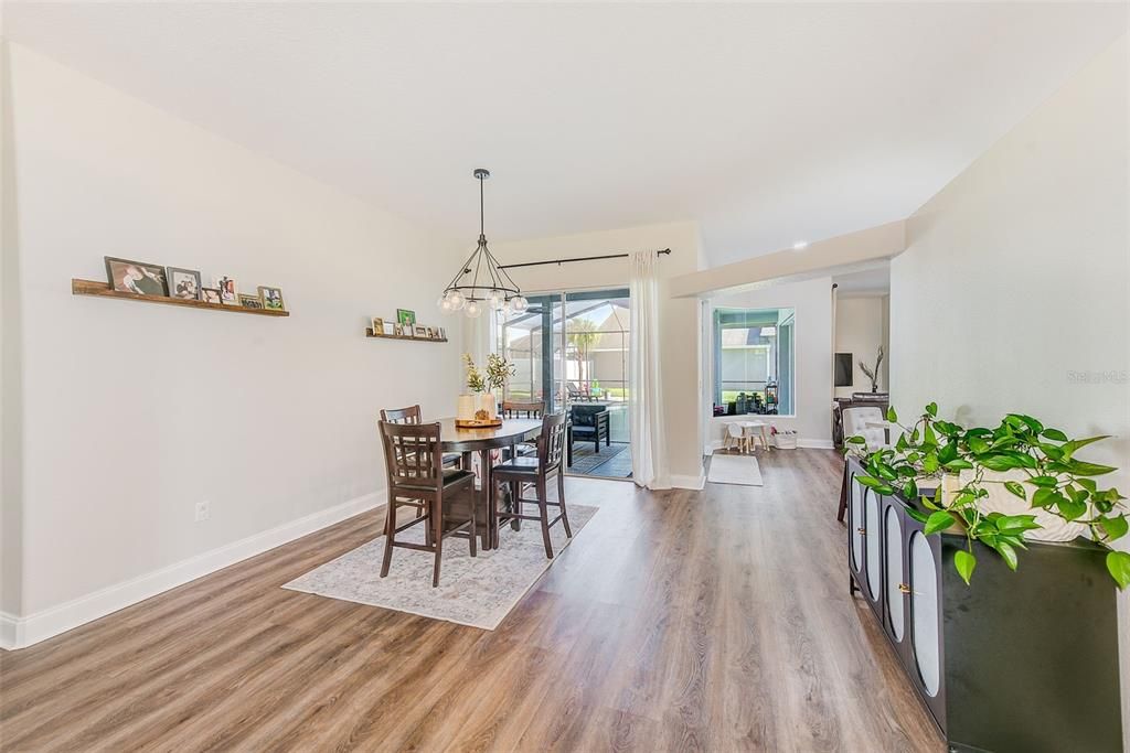 Dining room, Interior, Pendant Lights, Recessed Lighting, Wood Texture Flooring