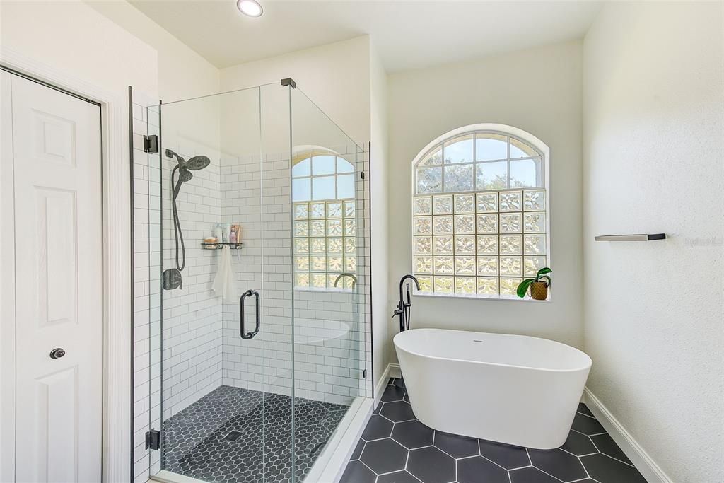 Bathroom, Free Standing Baths, Glass Shower, Interior, Recessed Lighting