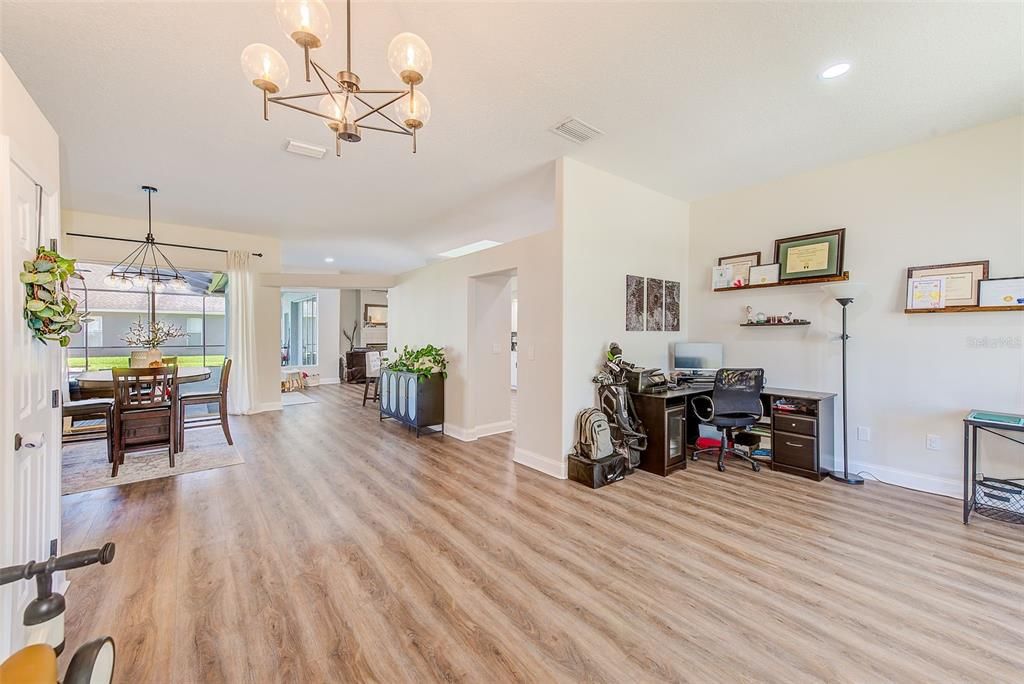 Chandelier, Home Office, Interior, Pendant Lights, Recessed Lighting, Wood Texture Flooring