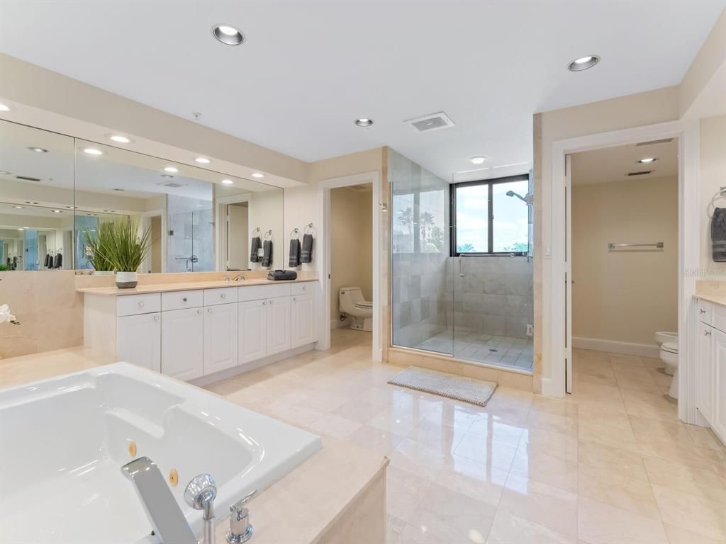 Bathroom, Dual Sink Vanities, Glass Shower, Interior, Recessed Lighting