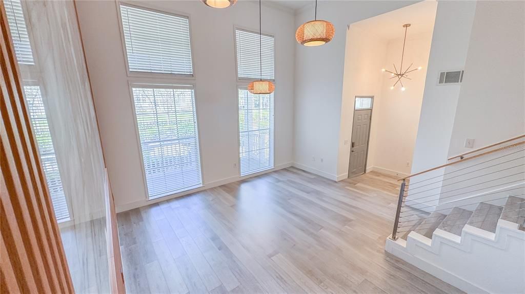 Empty room, Interior, Pendant Lights, Wood Texture Flooring
