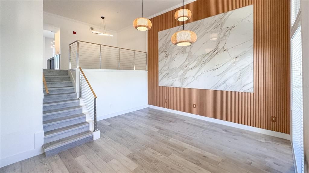 Interior, Marble Walls, Pendant Lights, Wood Texture Flooring