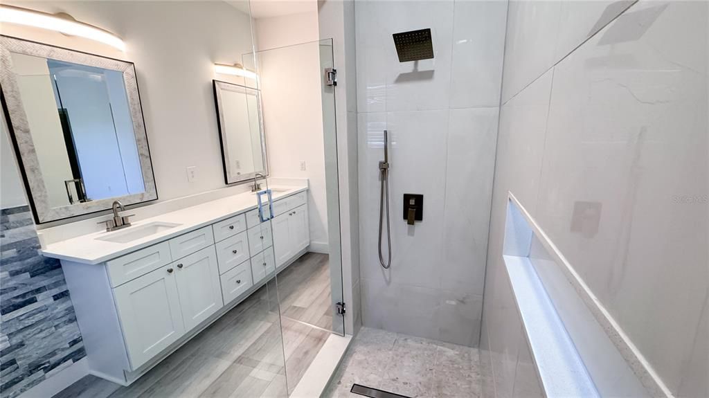 Bathroom, Dual Sink Vanities, Glass Shower, Interior, Wood Texture Flooring