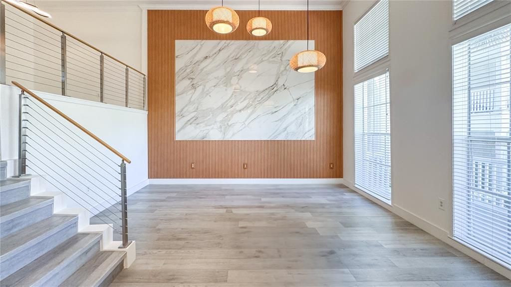 Interior, Marble Walls, Pendant Lights, Wood Texture Flooring