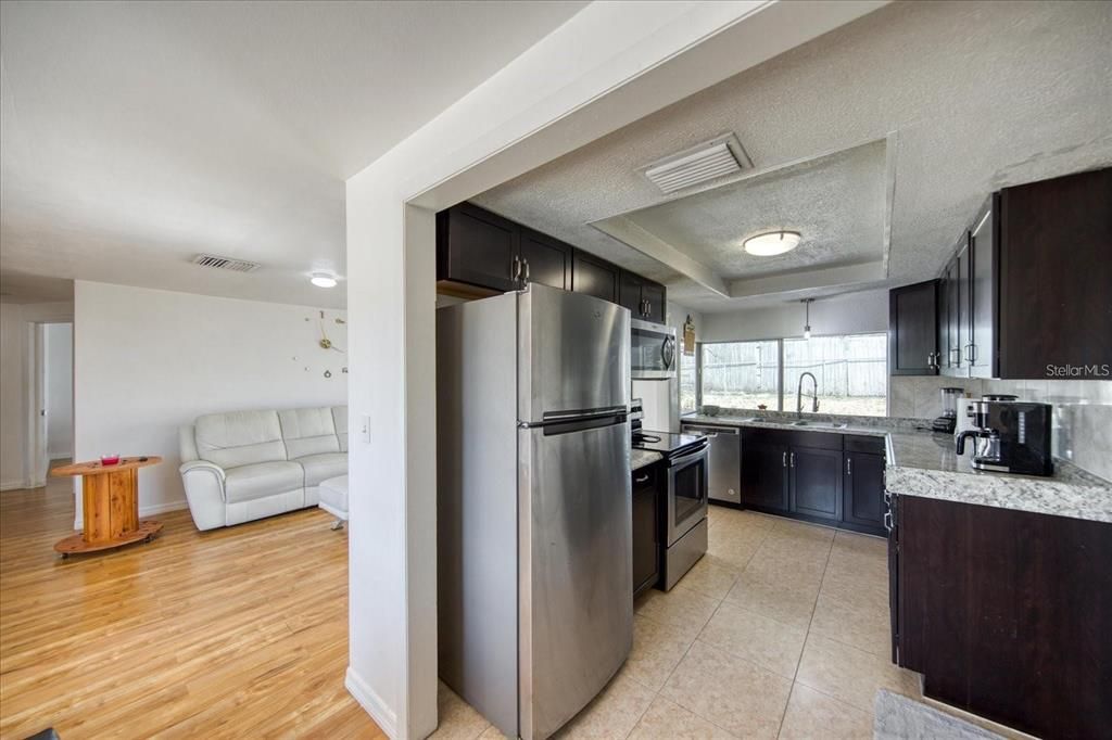 Interior, Kitchen, Living room, Stainless Steel Appliances, Wood Texture Flooring