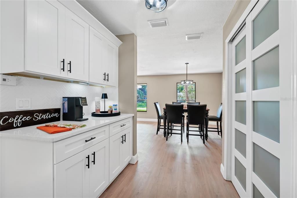 Dining room, Interior, Pendant Lights, Wood Texture Flooring