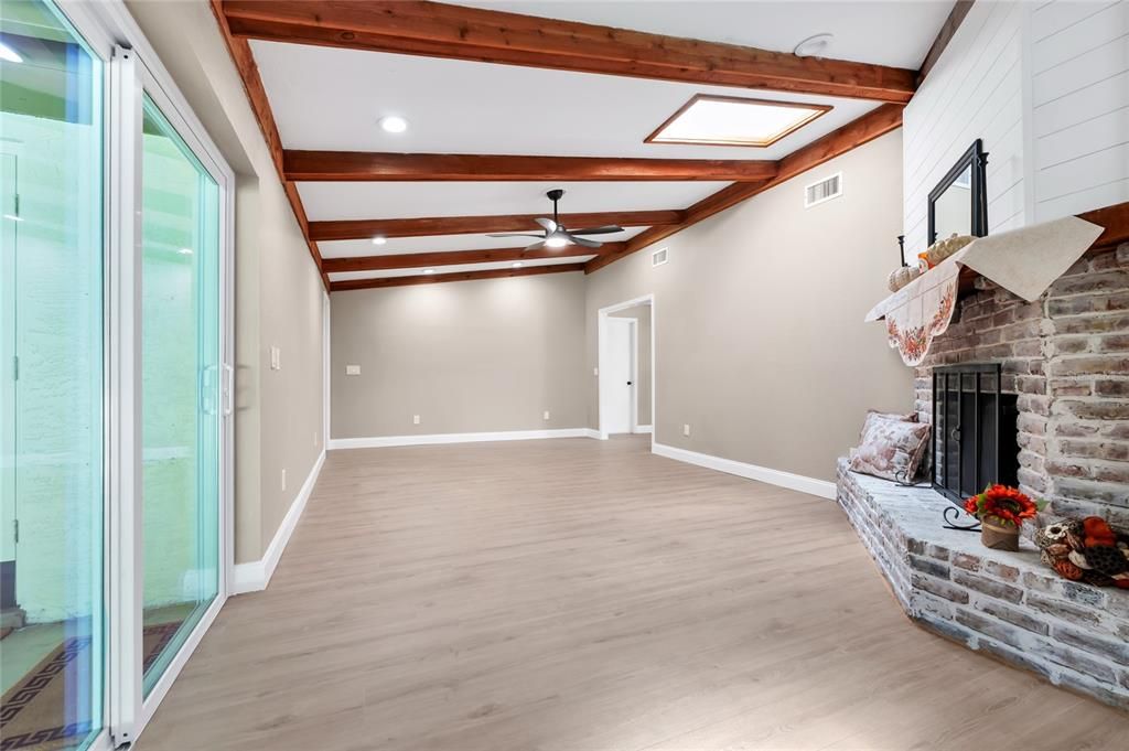 Fireplace, Interior, Recessed Lighting, Stone Walls, Wooden Beams, Wood Texture Flooring