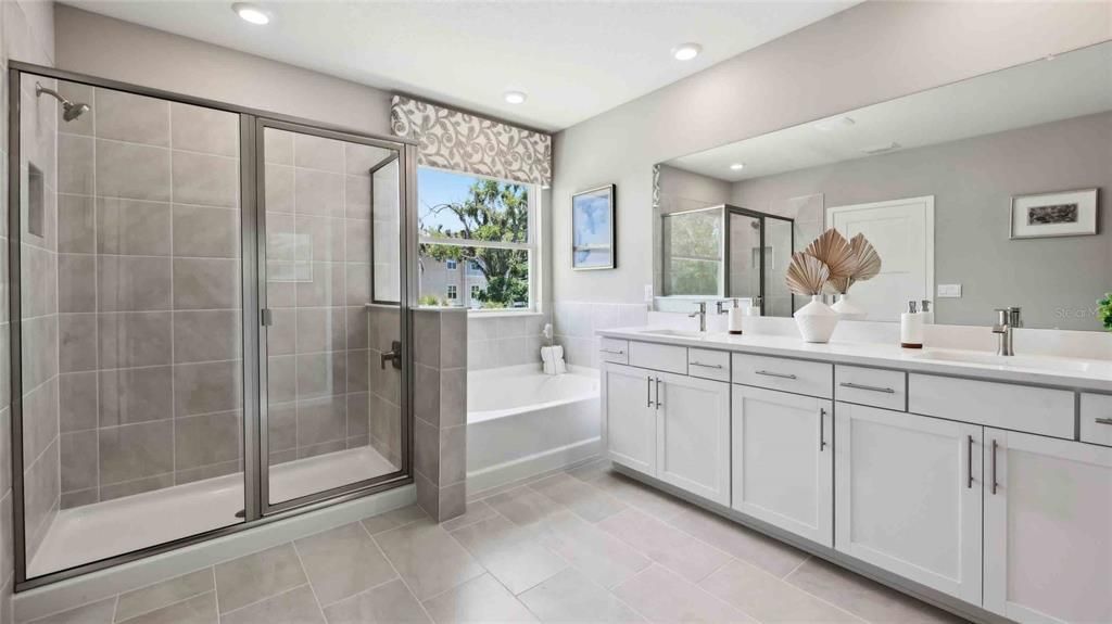 Bathroom, Dual Sink Vanities, Glass Shower, Interior, Recessed Lighting