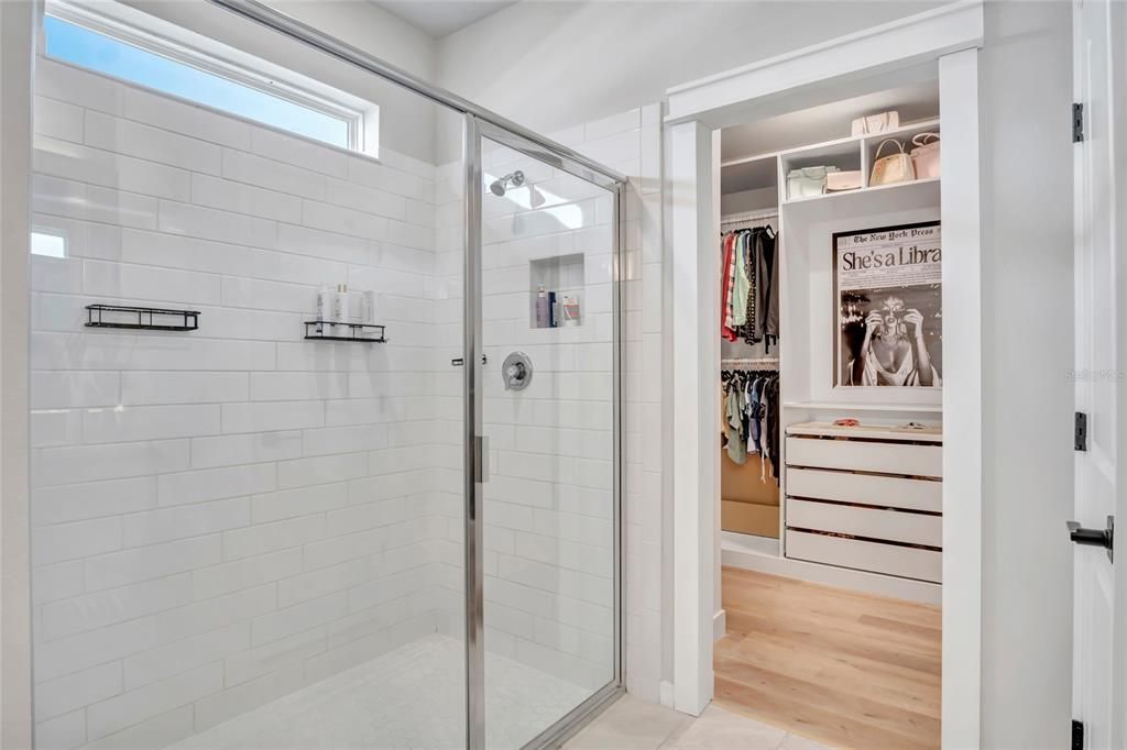 Bathroom, Glass Shower, Interior, Walk-in Closets, Wood Texture Flooring
