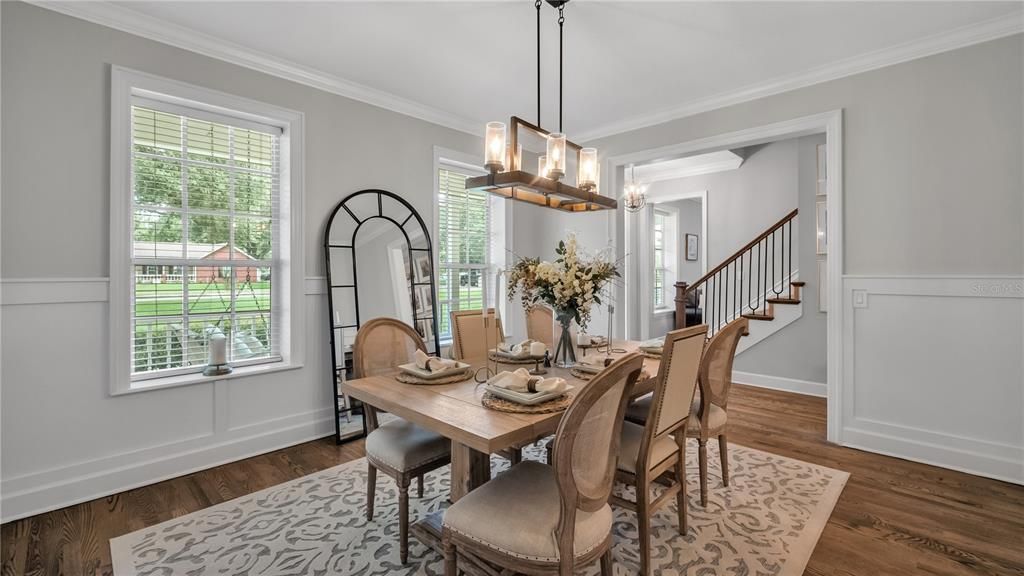 Chandelier, Dining room, Interior, Pendant Lights, Wood Texture Flooring