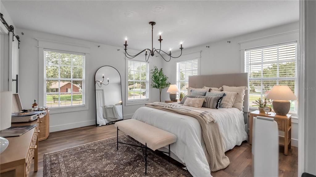 Bedroom, Chandelier, Interior, Wood Texture Flooring