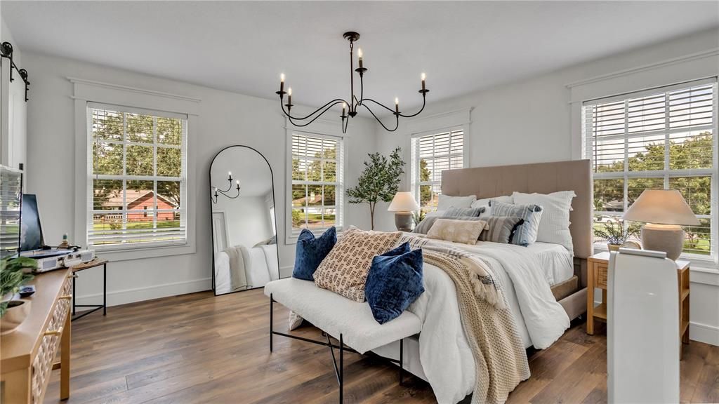 Bedroom, Chandelier, Interior, Wood Texture Flooring