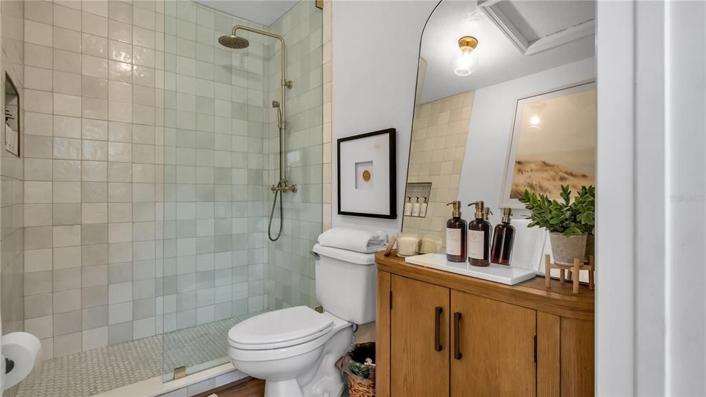 Bathroom, Glass Shower, Interior, Wood Texture Flooring