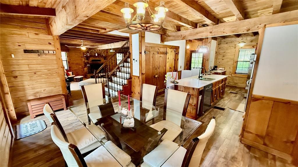 Chandelier, Dining room, Interior, Kitchen, Living room, Wooden Beams, Wooden Ceilings, Wood Texture Flooring, Wooden Walls