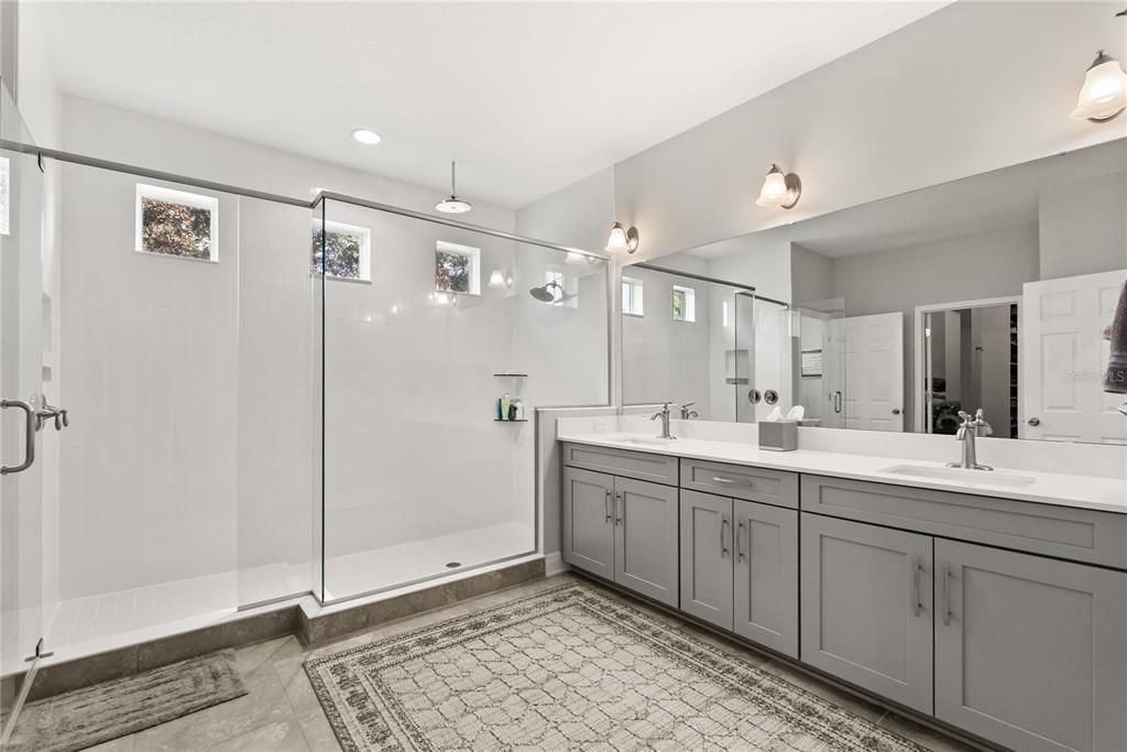 Bathroom, Dual Sink Vanities, Glass Shower, Interior, Recessed Lighting