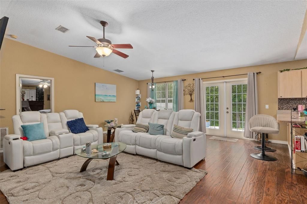 Dining room, Interior, Living room, Pendant Lights, Wood Texture Flooring