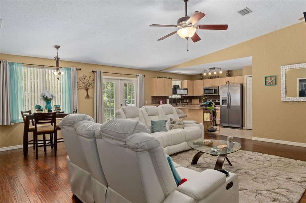 Interior, Kitchen, Living room, Pendant Lights, Stainless Steel Appliances, Wood Texture Flooring