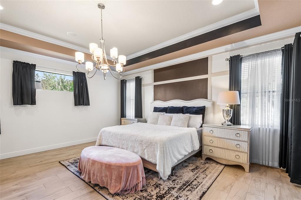 Bedroom, Chandelier, Interior, Recessed Lighting, Wood Texture Flooring