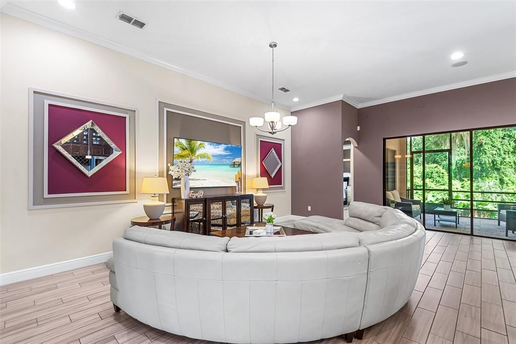 Chandelier, Dining room, Interior, Living room, Pendant Lights, Recessed Lighting, Wood Texture Flooring