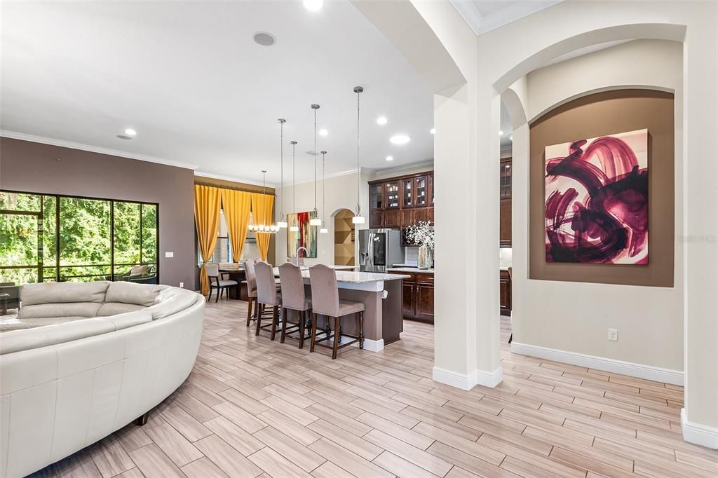 Dining room, Interior, Kitchen, Living room, Pendant Lights, Recessed Lighting, Wood Texture Flooring