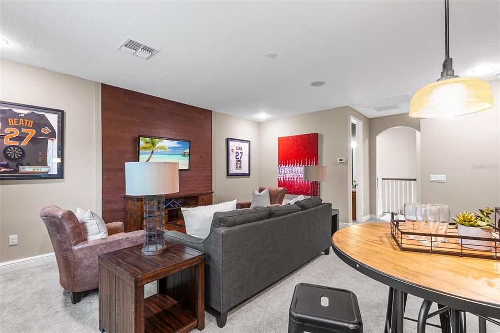 Fireplace, Interior, Living room, Pendant Lights, Recessed Lighting, Wooden Walls