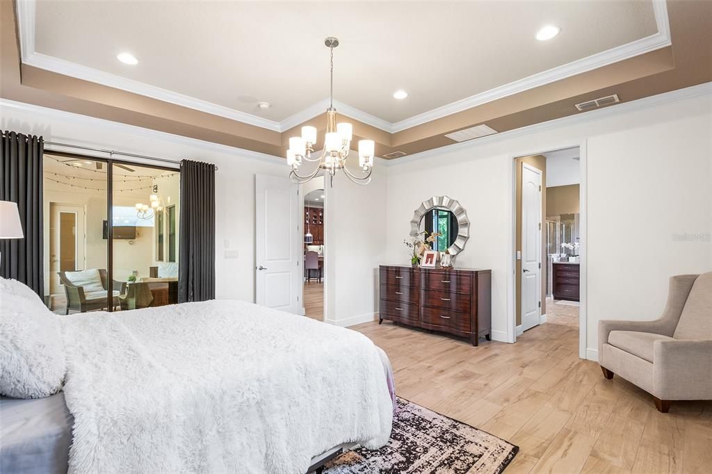 Bedroom, Chandelier, Interior, Recessed Lighting, Wood Texture Flooring