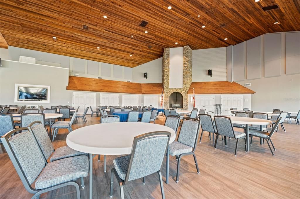 Dining room, Fireplace, Interior, Recessed Lighting, Wooden Ceilings, Wood Texture Flooring