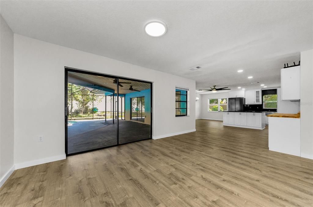 Empty room, Interior, Kitchen, Recessed Lighting, Wood Texture Flooring