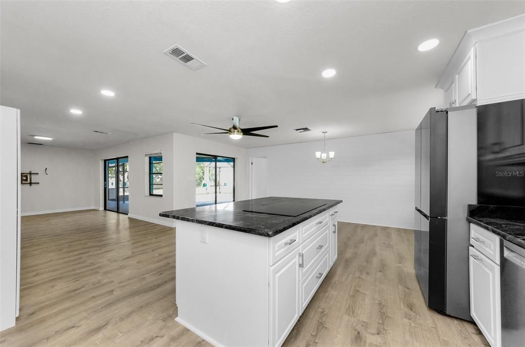 Chandelier, Interior, Kitchen, Recessed Lighting, Wood Texture Flooring