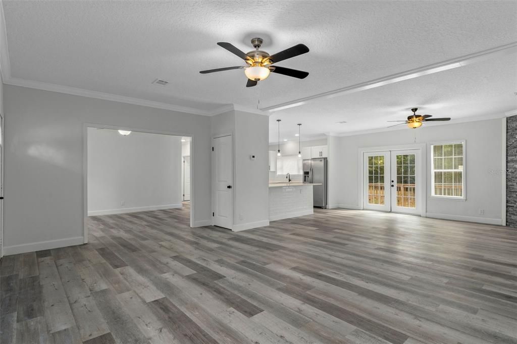 Empty room, Interior, Kitchen, Pendant Lights, Wood Texture Flooring
