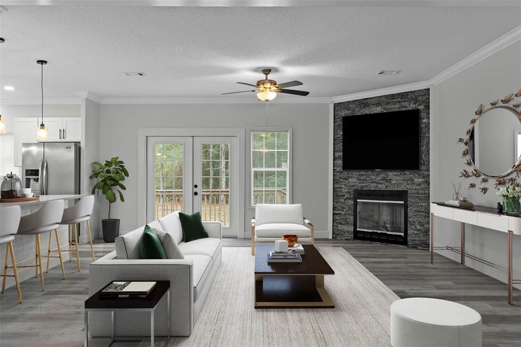 Fireplace, Interior, Kitchen, Living room, Pendant Lights, Recessed Lighting, Wood Texture Flooring
