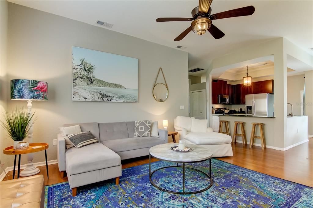 Interior, Kitchen, Living room, Pendant Lights, Stainless Steel Appliances, Wood Texture Flooring