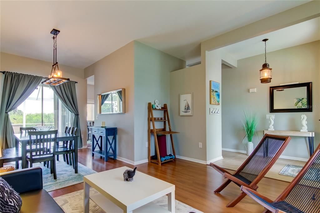 Dining room, Interior, Pendant Lights, Wood Texture Flooring
