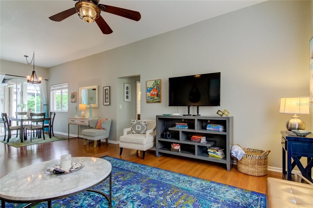Dining room, Interior, Living room, Pendant Lights, Wood Texture Flooring