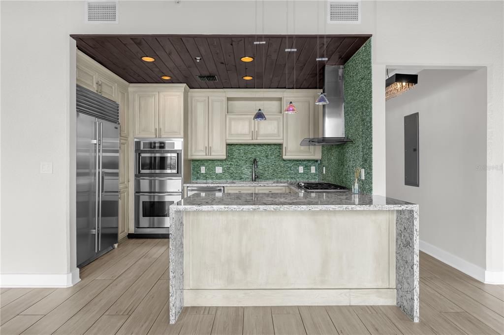 Interior, Kitchen, Recessed Lighting, Stainless Steel Appliances, Wooden Ceilings, Wood Texture Flooring